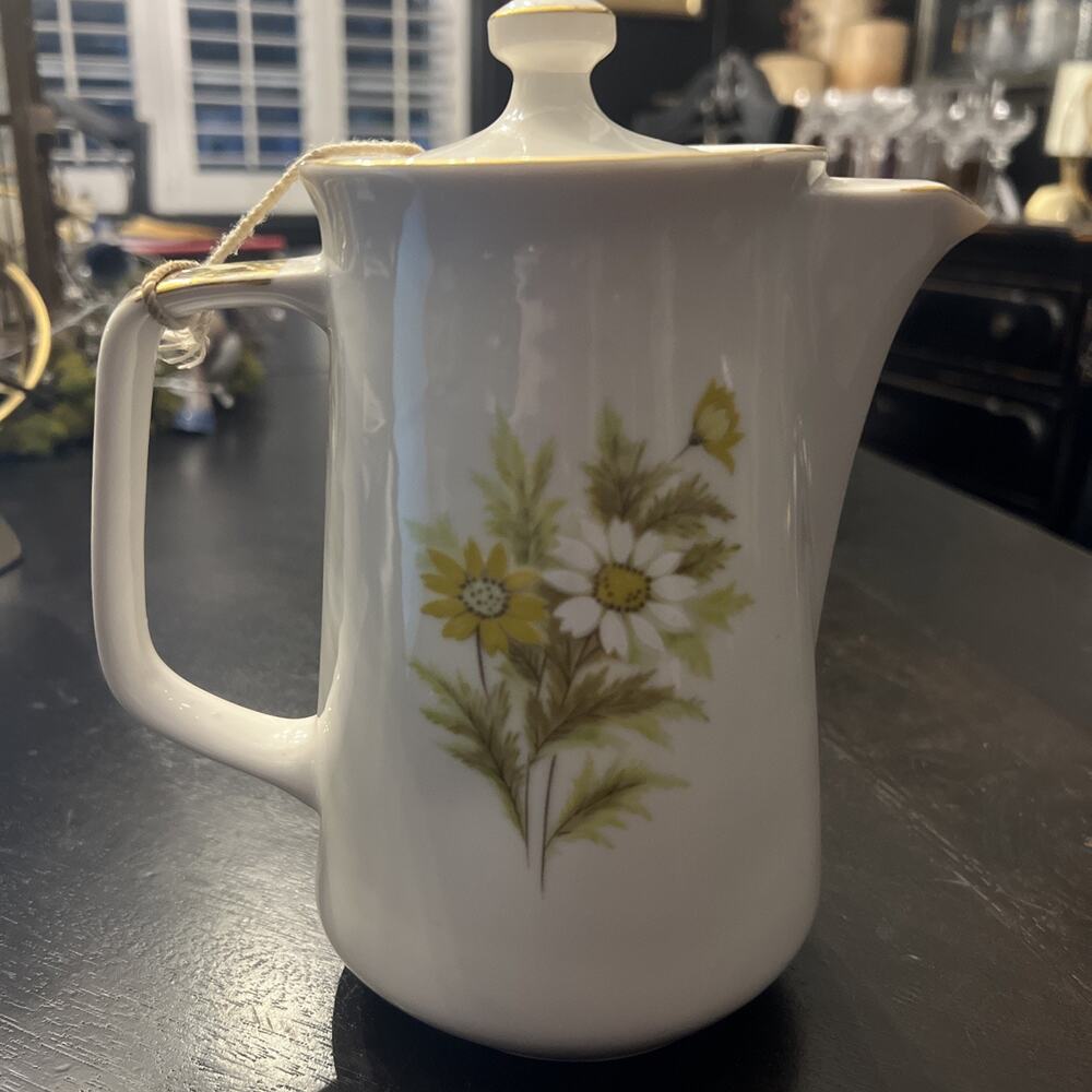 National Fine China coffee Pot Lidded Yellow White Daisy Flower MCM Japan